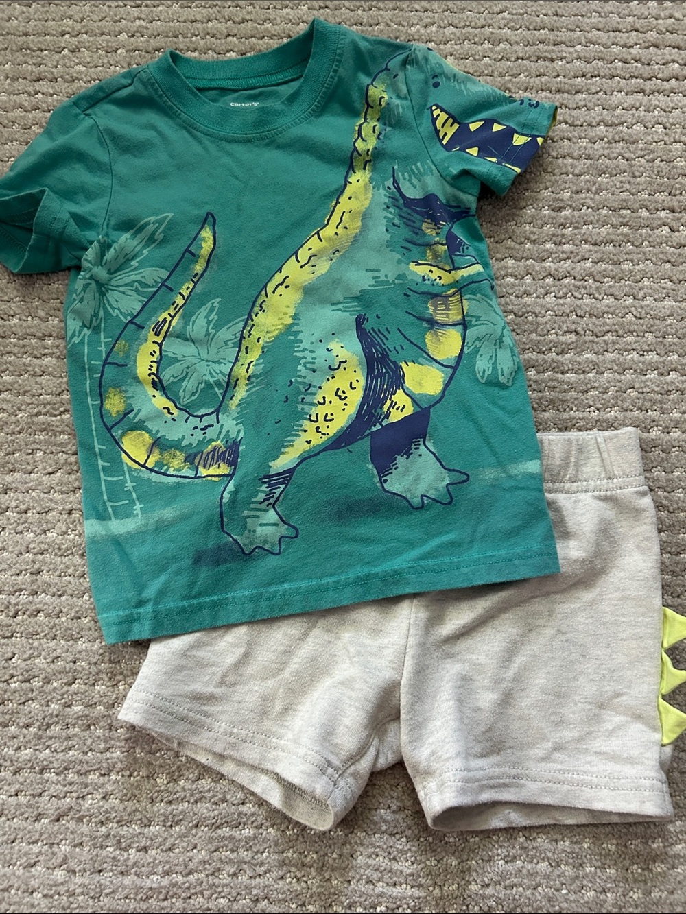 Carter's Teal Dinosaur Tee and Light Gray Shorts Set